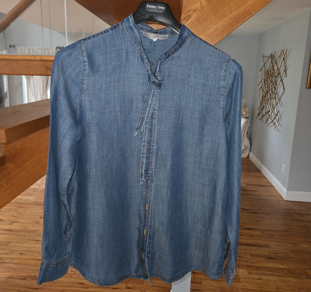 Once Lightweight Blue Denim Tie-Neck Button-Front Top